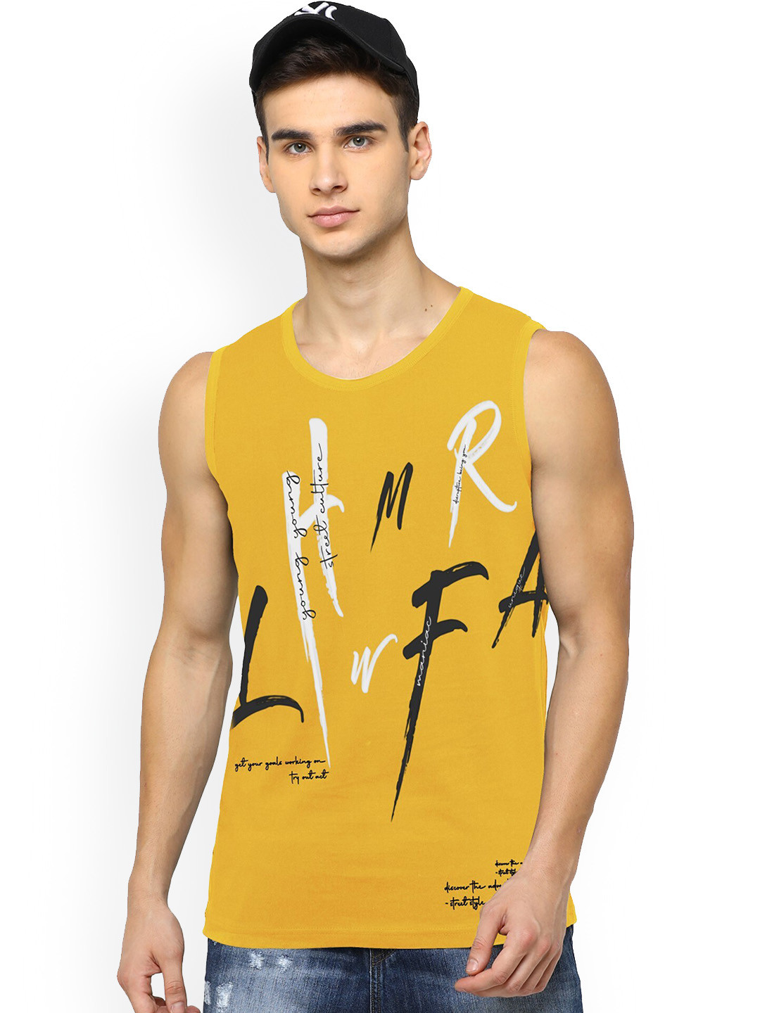 

JUMPCUTS Men Printed Slim Fit Innerwear Tank Vest, Yellow