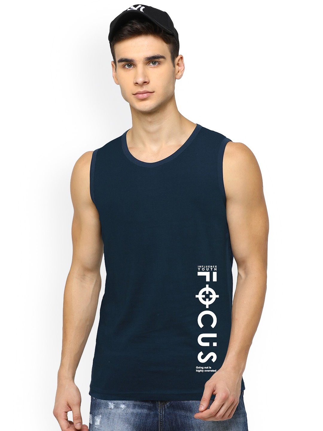 

JUMPCUTS Men Printed Sleeveless Slim Fit Innerwear Vest, Navy blue