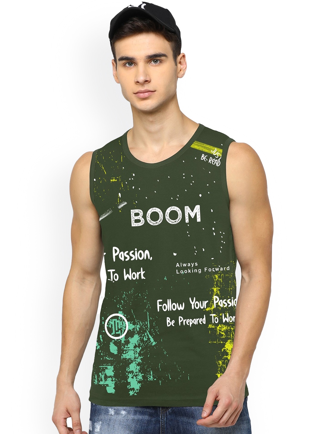 

JUMPCUTS Men Printed Sleeveless Slim Fit Innerwear Vest, Olive