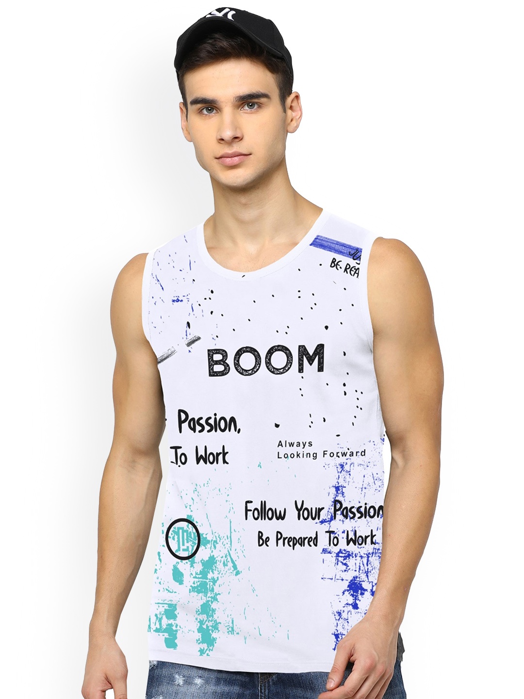 

JUMPCUTS Men Printed Sleeveless Slim Fit Innerwear Vest, White