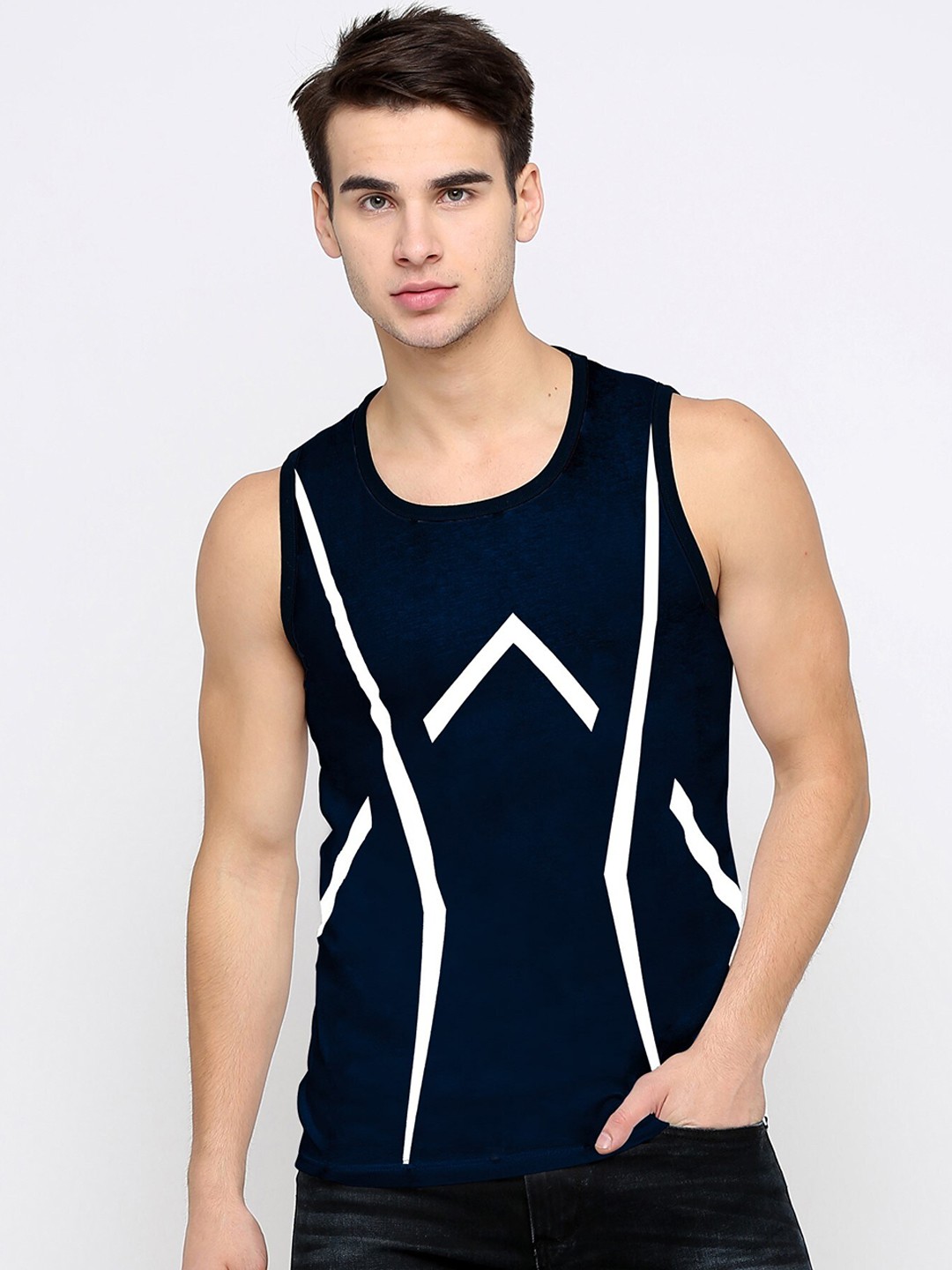 

JUMPCUTS Men Printed Slim Fit Cotton Innerwear Vest, Navy blue