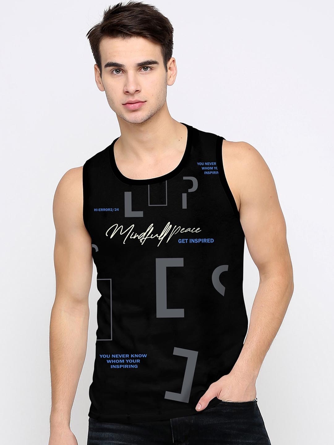 

JUMPCUTS Men Printed Sleeveless Cotton Slim Fit Innerwear Vest, Black