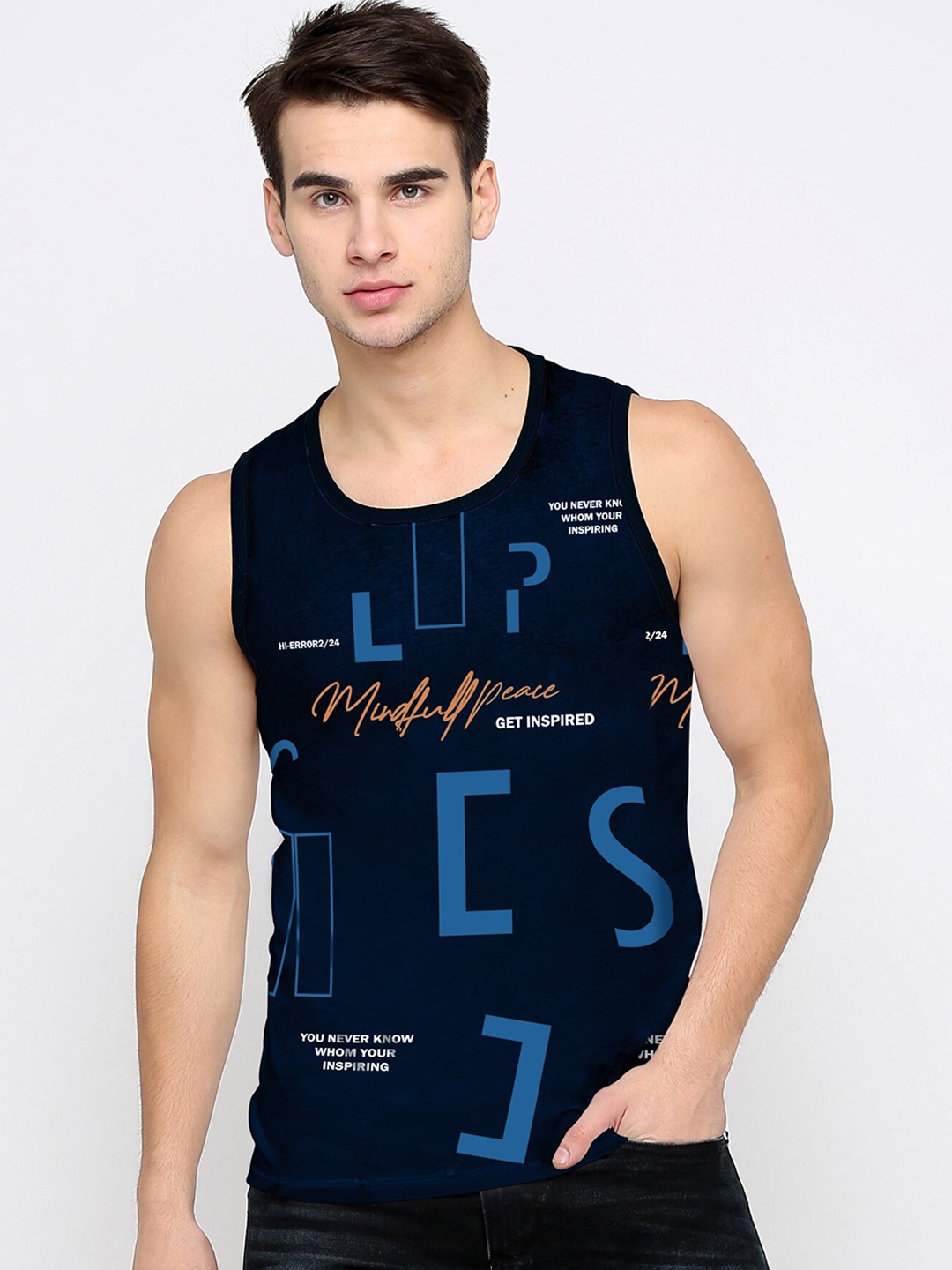 

JUMPCUTS Men Printed Cotton Slim-Fit Dry-Fit Innerwear Vests, Navy blue