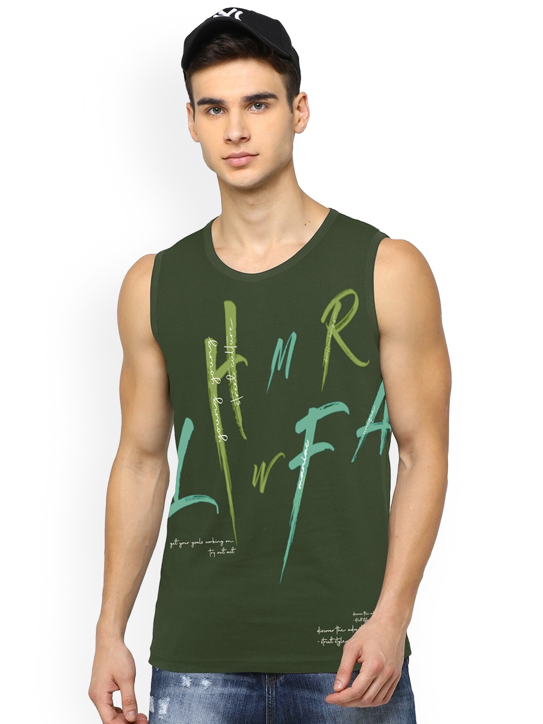 

JUMPCUTS Men Printed Sleeveless Slim Fit Innerwear Vest, Olive