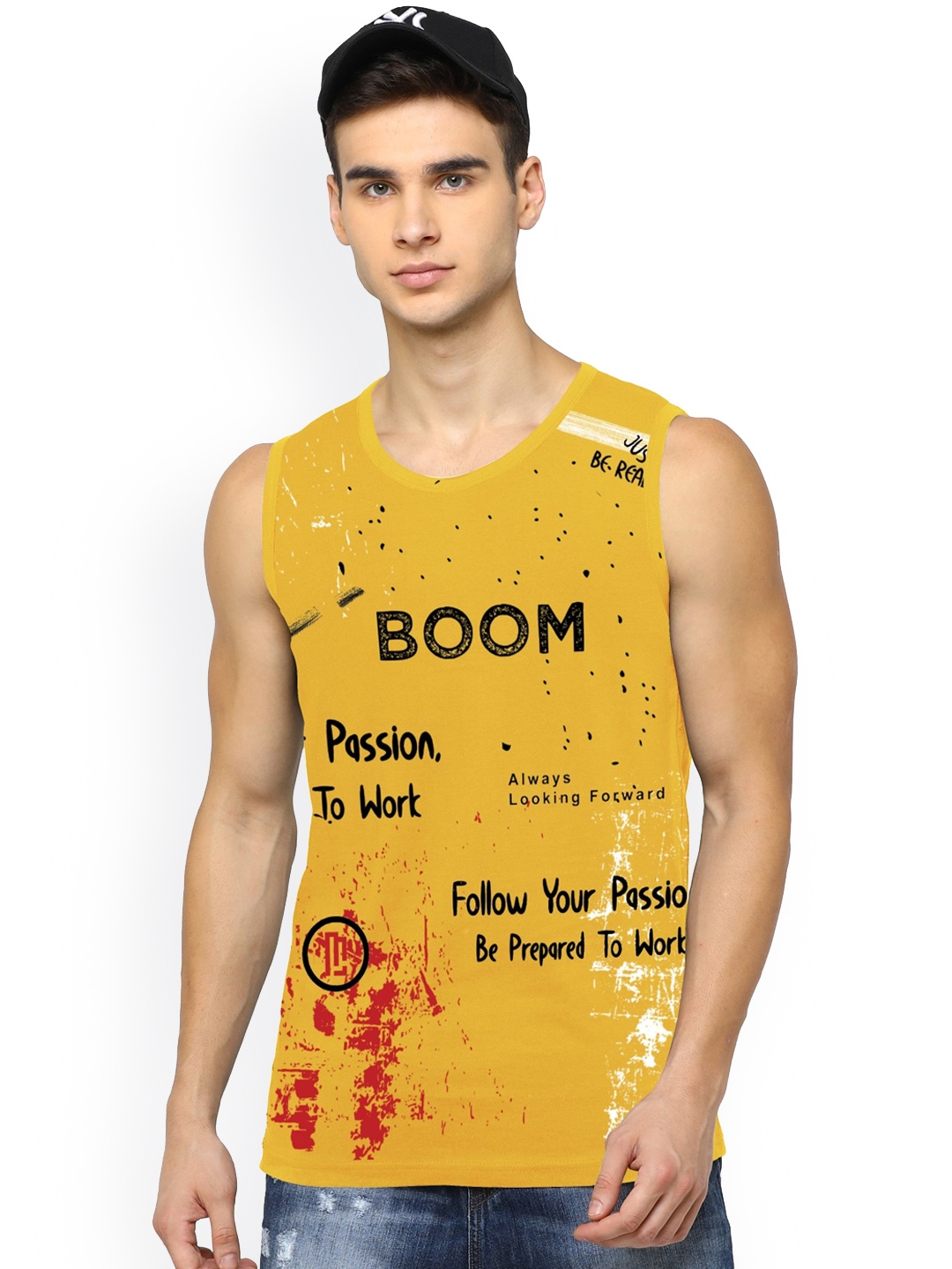 

JUMPCUTS Men Printed Sleeveless Slim Fit Innerwear Vest, Yellow