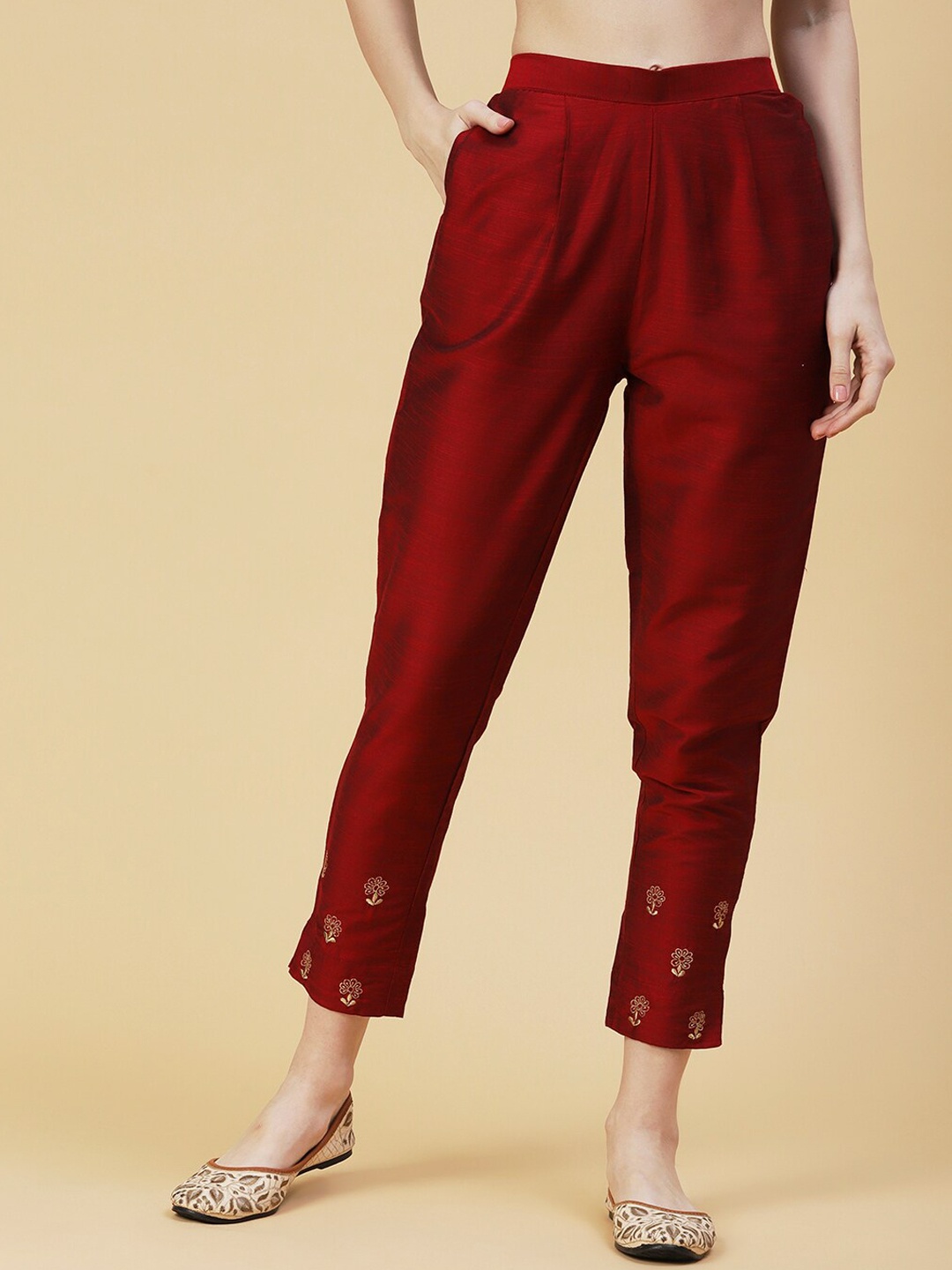 

FASHOR Women Comfort Fit Zari Floral Embroidered Trousers, Maroon
