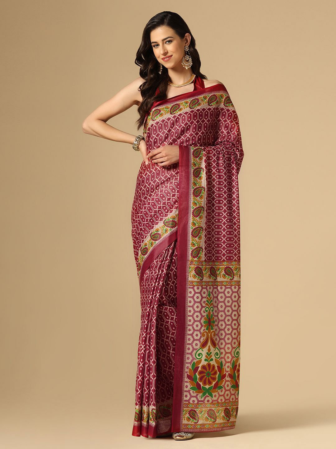 

Mitera Maroon & Grey Geometric Printed Cotton Blend Saree