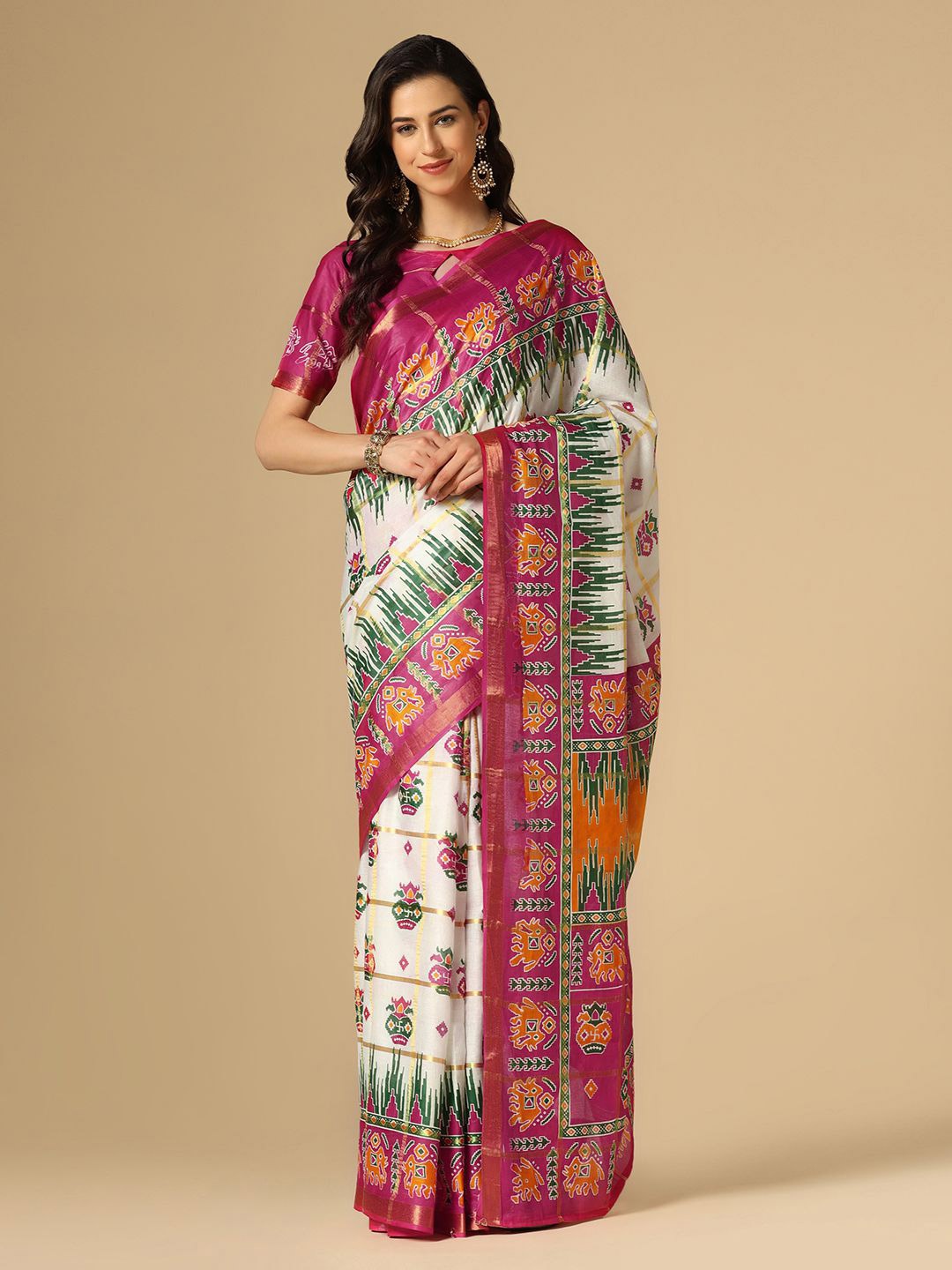 

Mitera White & Purple Ethnic Motifs Printed Zari Cotton Blend Saree