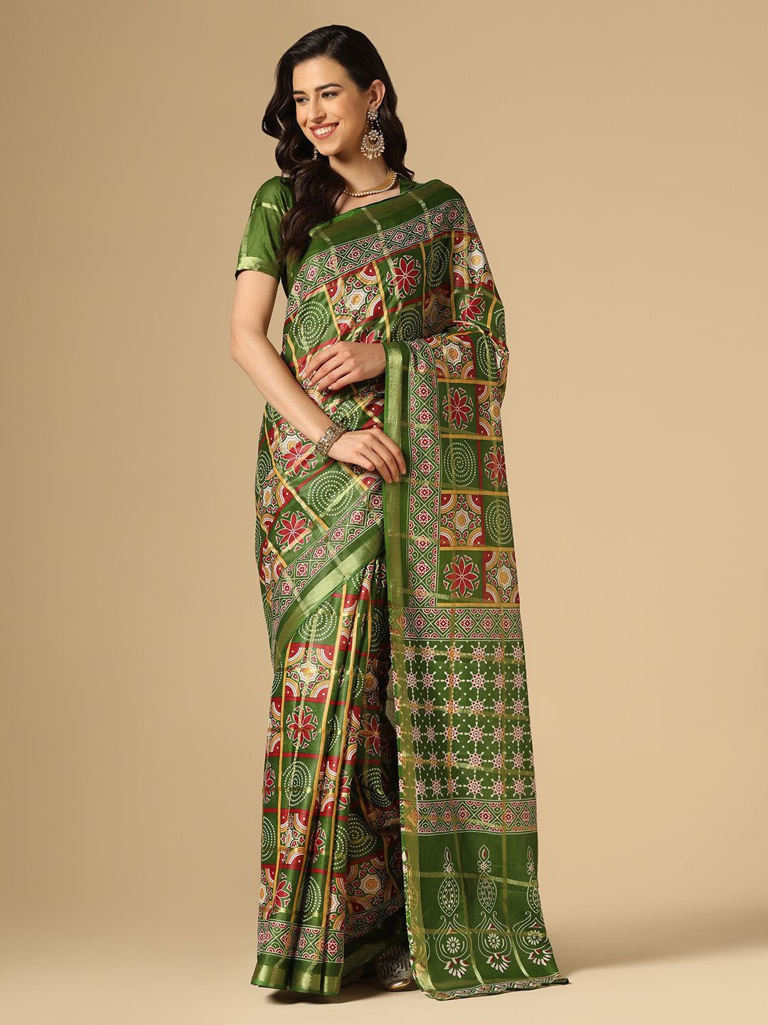 

Mitera Green & Red Ethnic Motifs Printed Zari Cotton Blend Saree