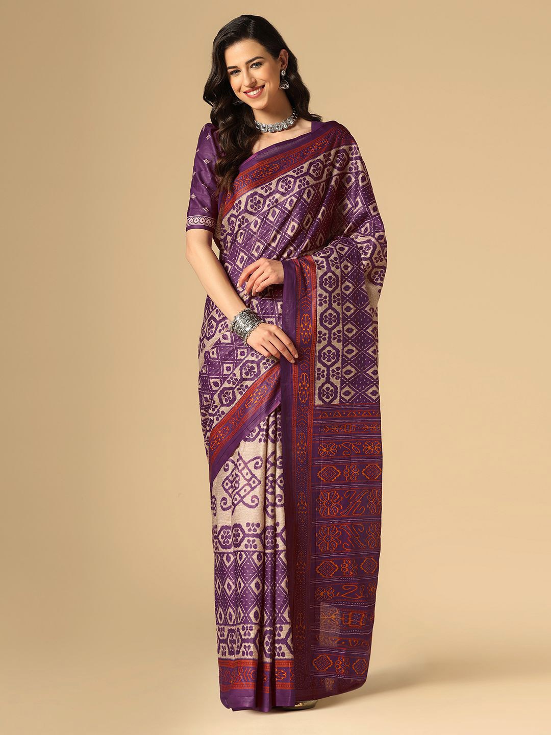 

Mitera Purple & Grey Ethnic Motifs Printed Cotton Blend Saree