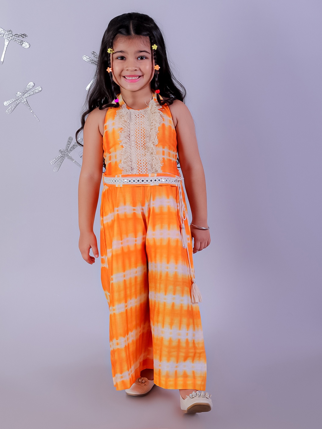 

LIL DRAMA Girls Halter Neck Printed Basic Jumpsuit With Embroidered, Orange