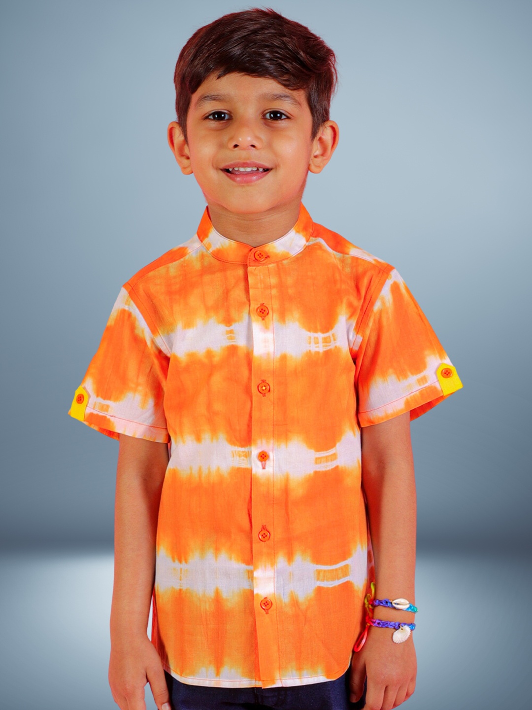 

LIL DRAMA Boys Standard Fit Tie And Dyed Mandarin Collar Opaque Casual Shirt, Orange