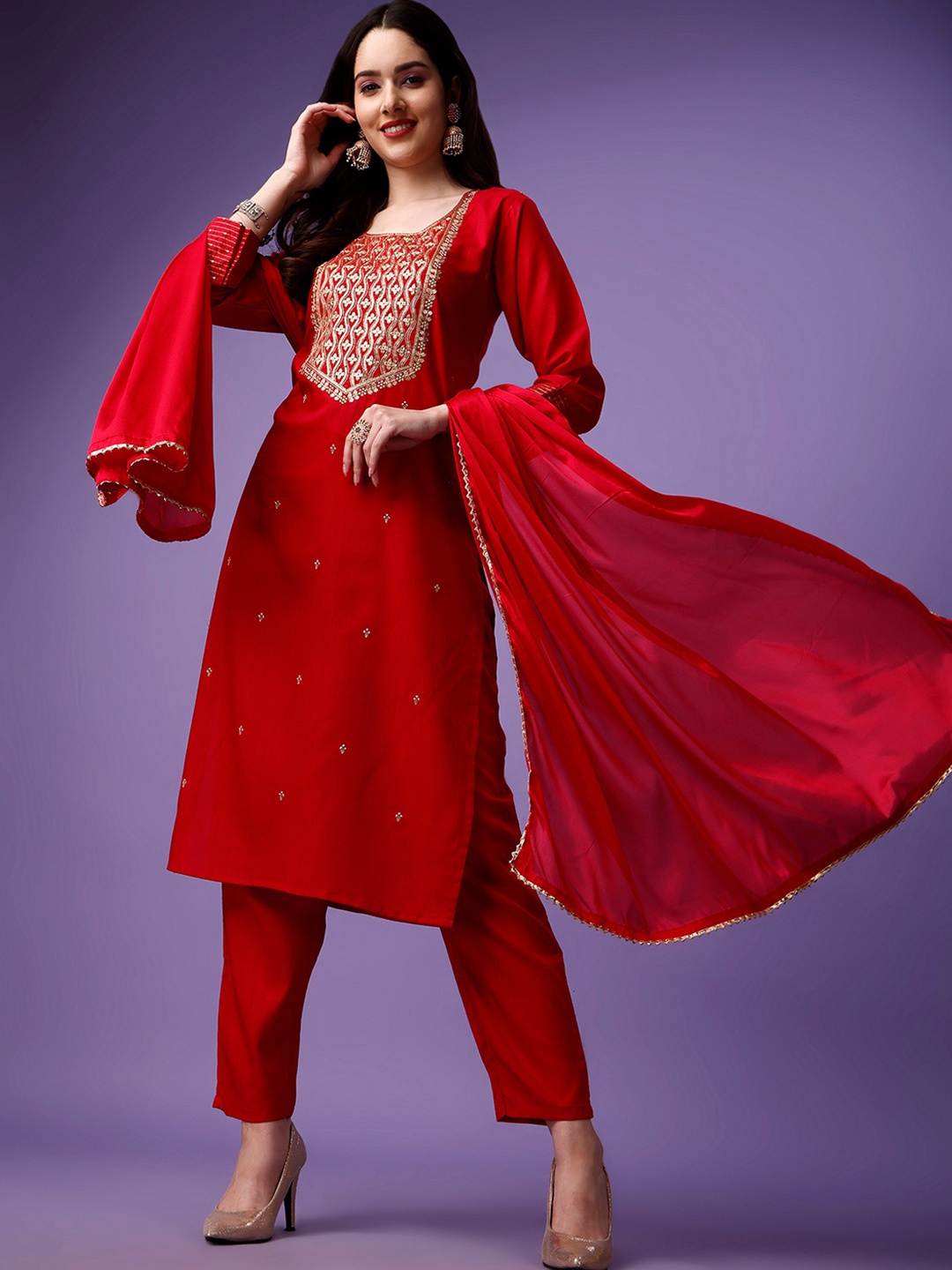 

ASPORA Embroidered Regular Sequinned Kurta With Trousers & Dupatta, Red
