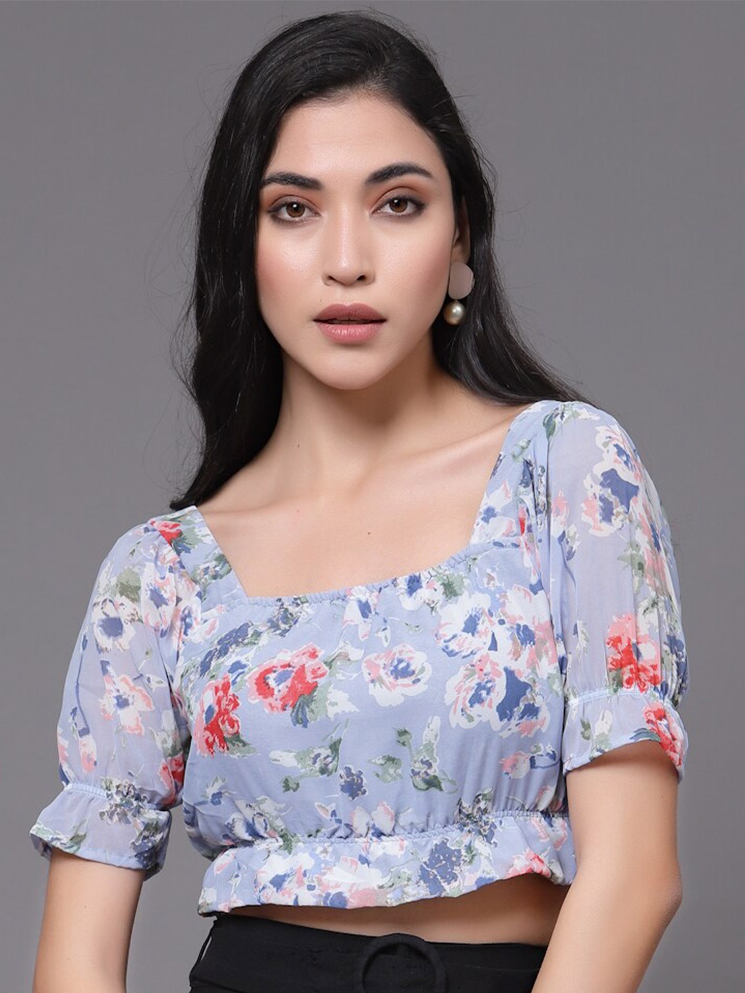 

Oomph! Floral Printed Puff Sleeves Georgette Crop Top, Blue