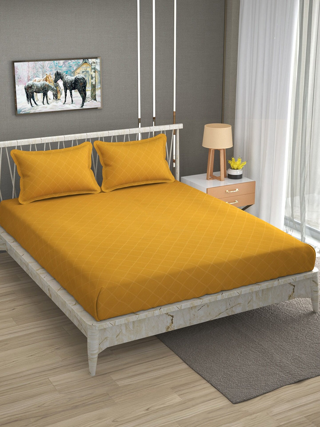 

BELVOSTUM String Stone Yellow Printed 210 TC Cotton Queen Bedsheet & 2 Pillow Covers