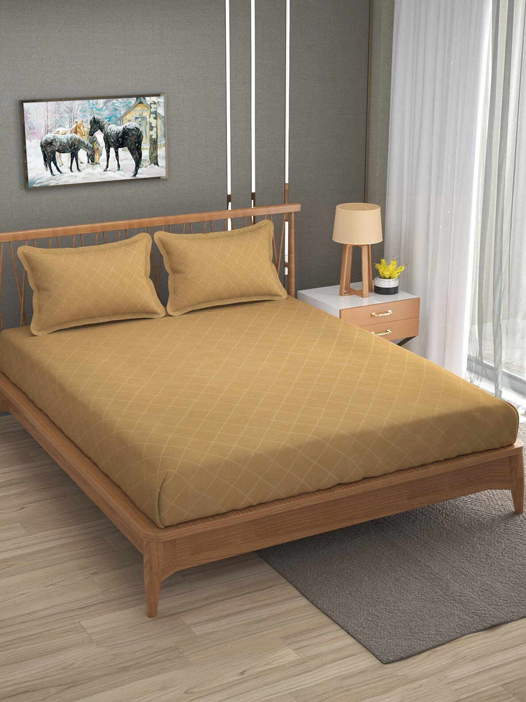 

BELVOSTUM String Stone Beige Printed 210 TC Cotton Queen Bedsheet & 2 Pillow Covers