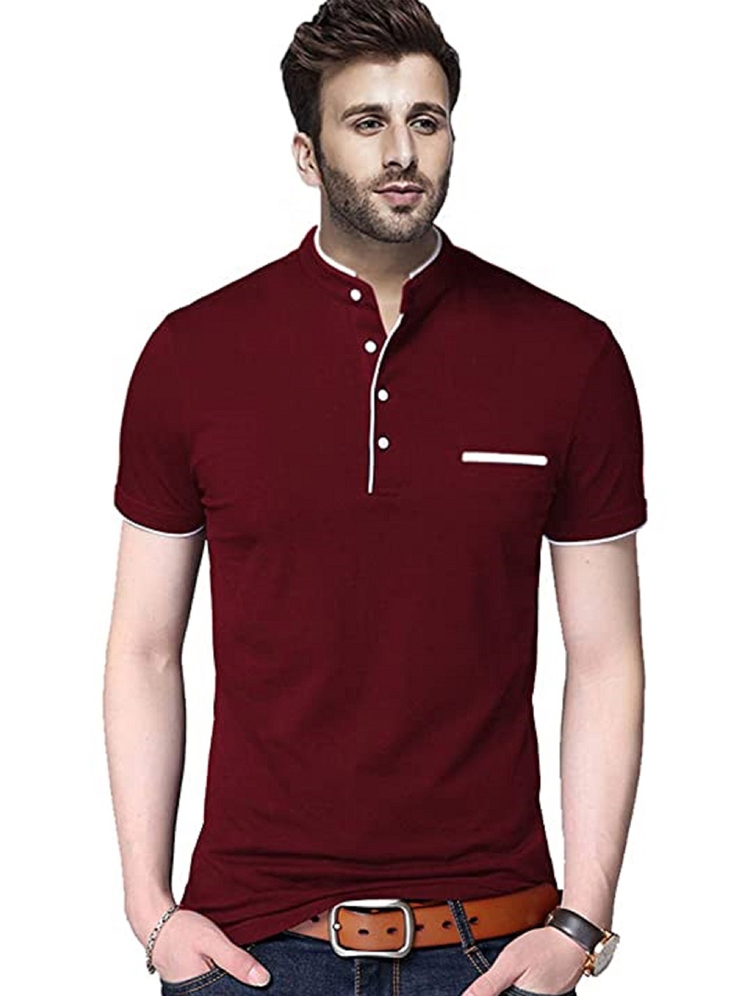 

Try This Men Maroon Mandarin Collar Pockets T-shirt