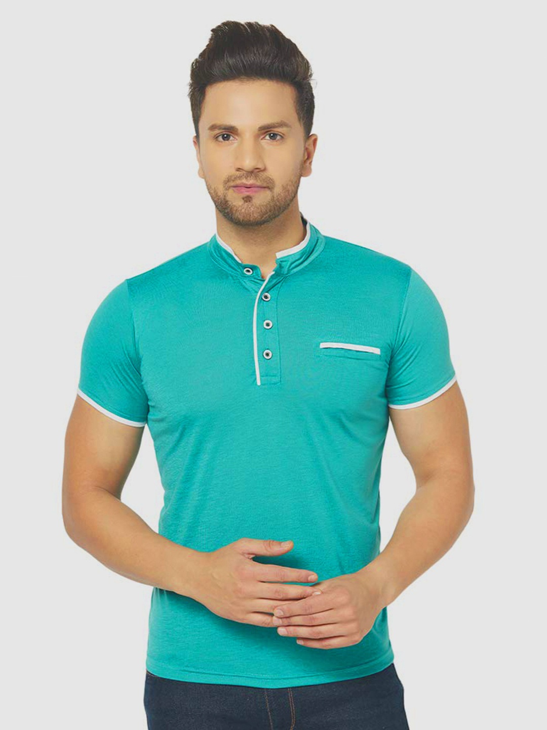 

Try This Mandarin Collar Regular Fit Cotton T-shirt, Sea green