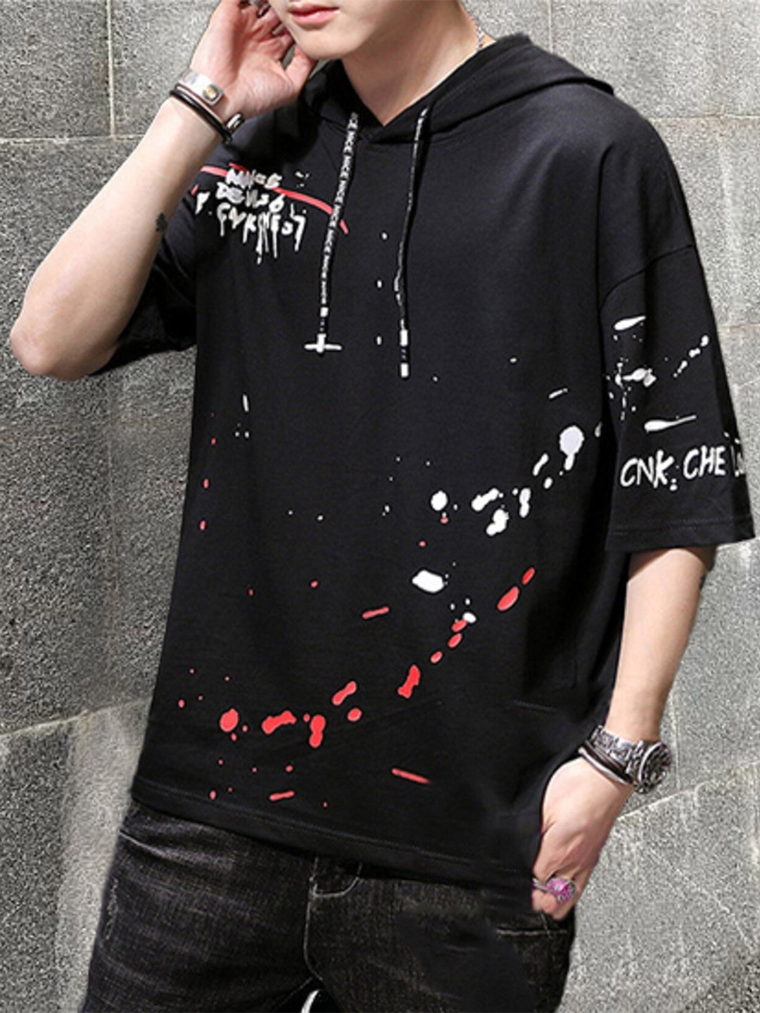 

Try This Typography Printed Hooded Cotton T-shirt, Black