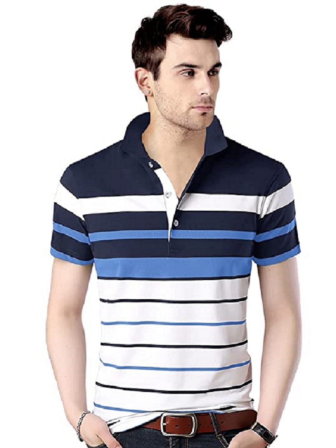 

Try This Men Blue Striped Polo Collar Pockets T-shirt
