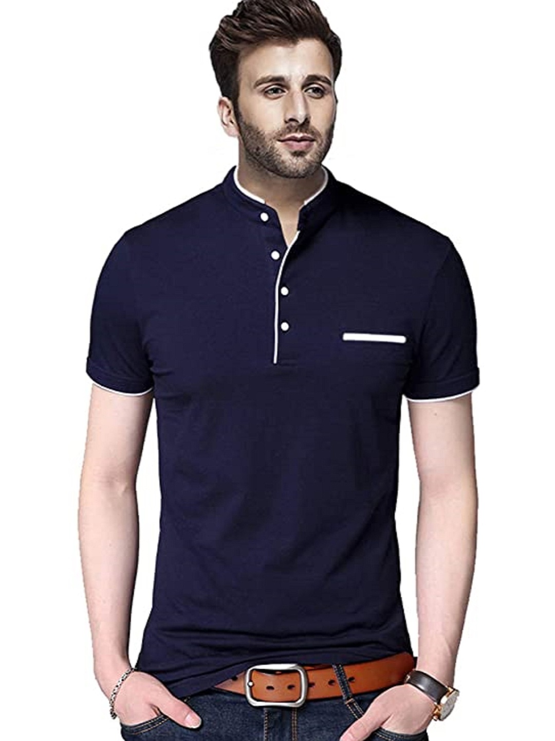 

Try This Mandarin Collar Cotton T-shirt, Navy blue