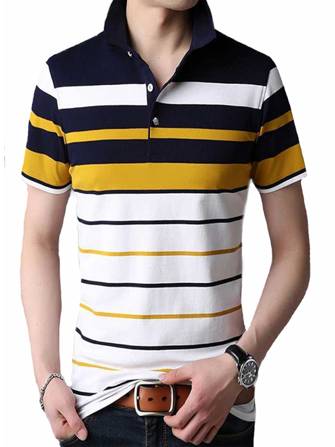 

Try This Men Yellow Striped High Neck Applique T-shirt