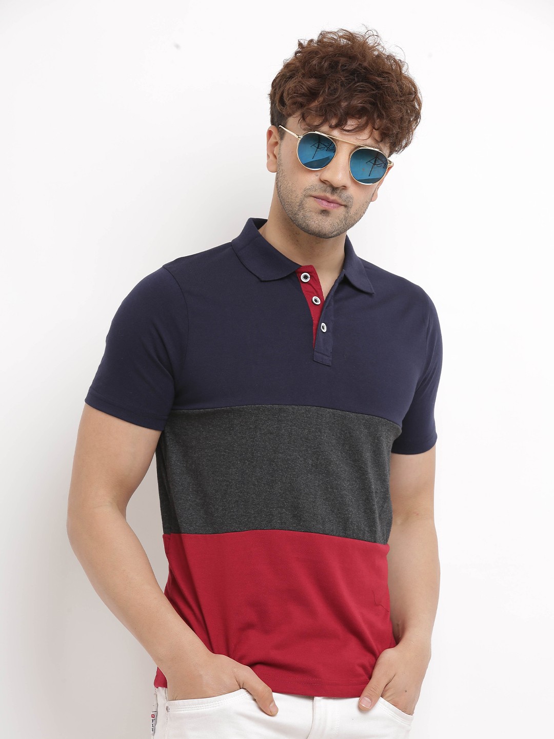 

Try This Colourblocked Polo Collar Cotton T-shirt, Navy blue