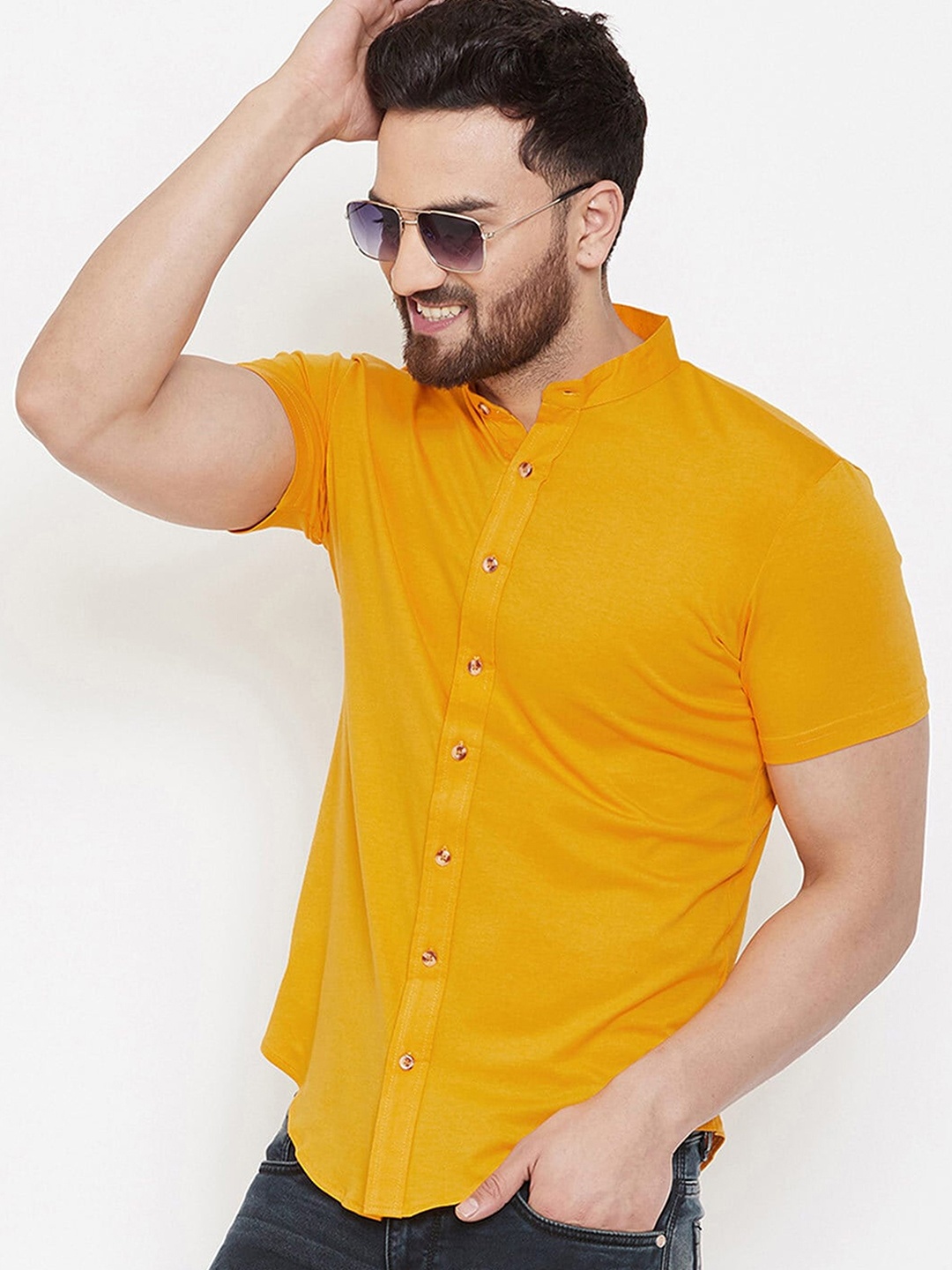 

Try This Mandarin Collar Curved Hem Cotton T-shirt, Yellow