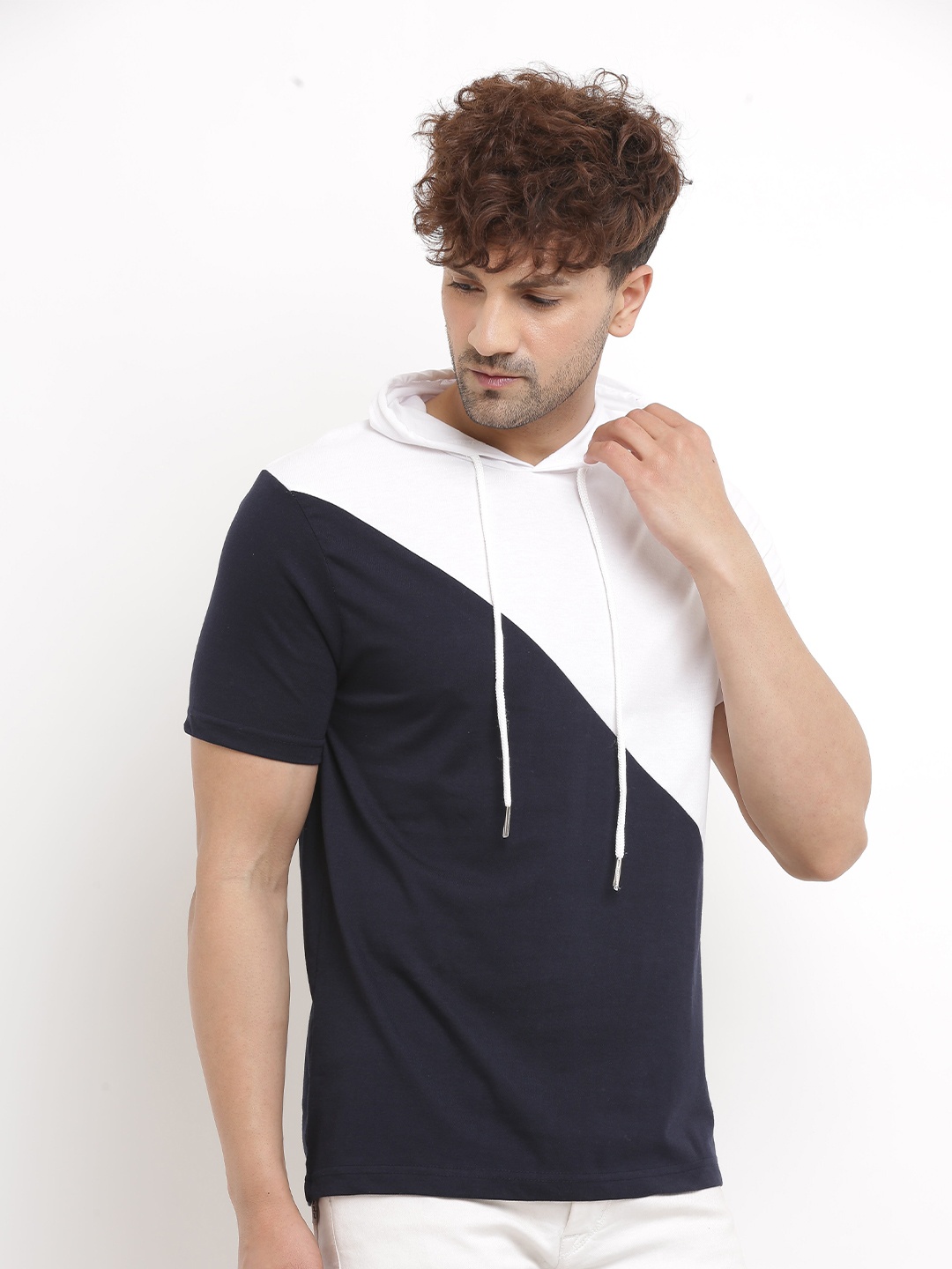 

Try This Colourblocked Hooded Cotton T-shirt, Navy blue