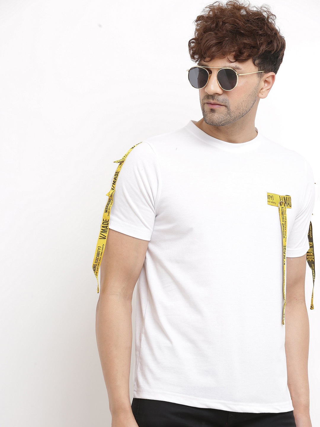 

Try This Round Neck Tape Applique Cotton T-shirt, White