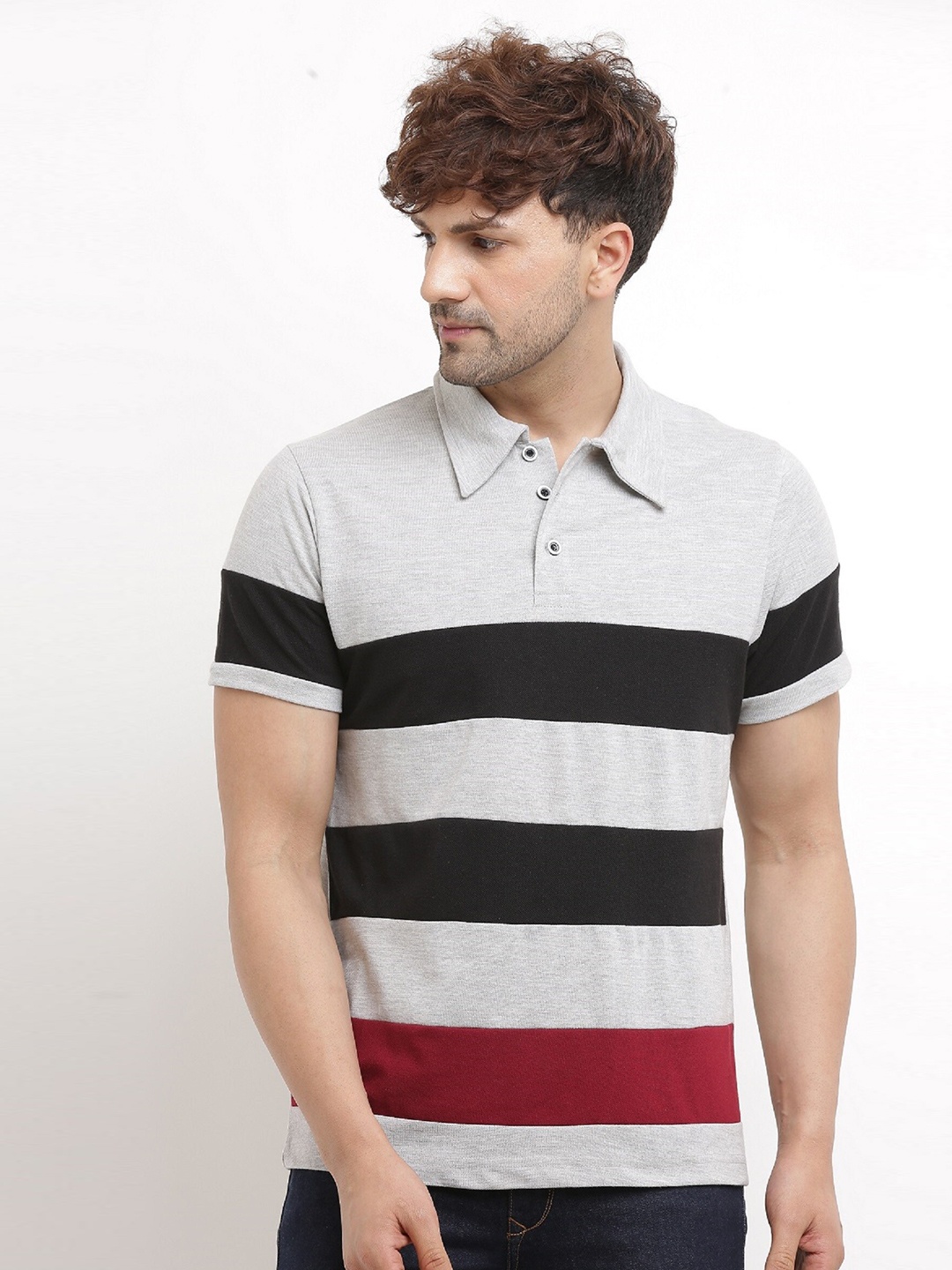 

Try This Striped Polo Collar Regular Fit Cotton T-shirt, Grey