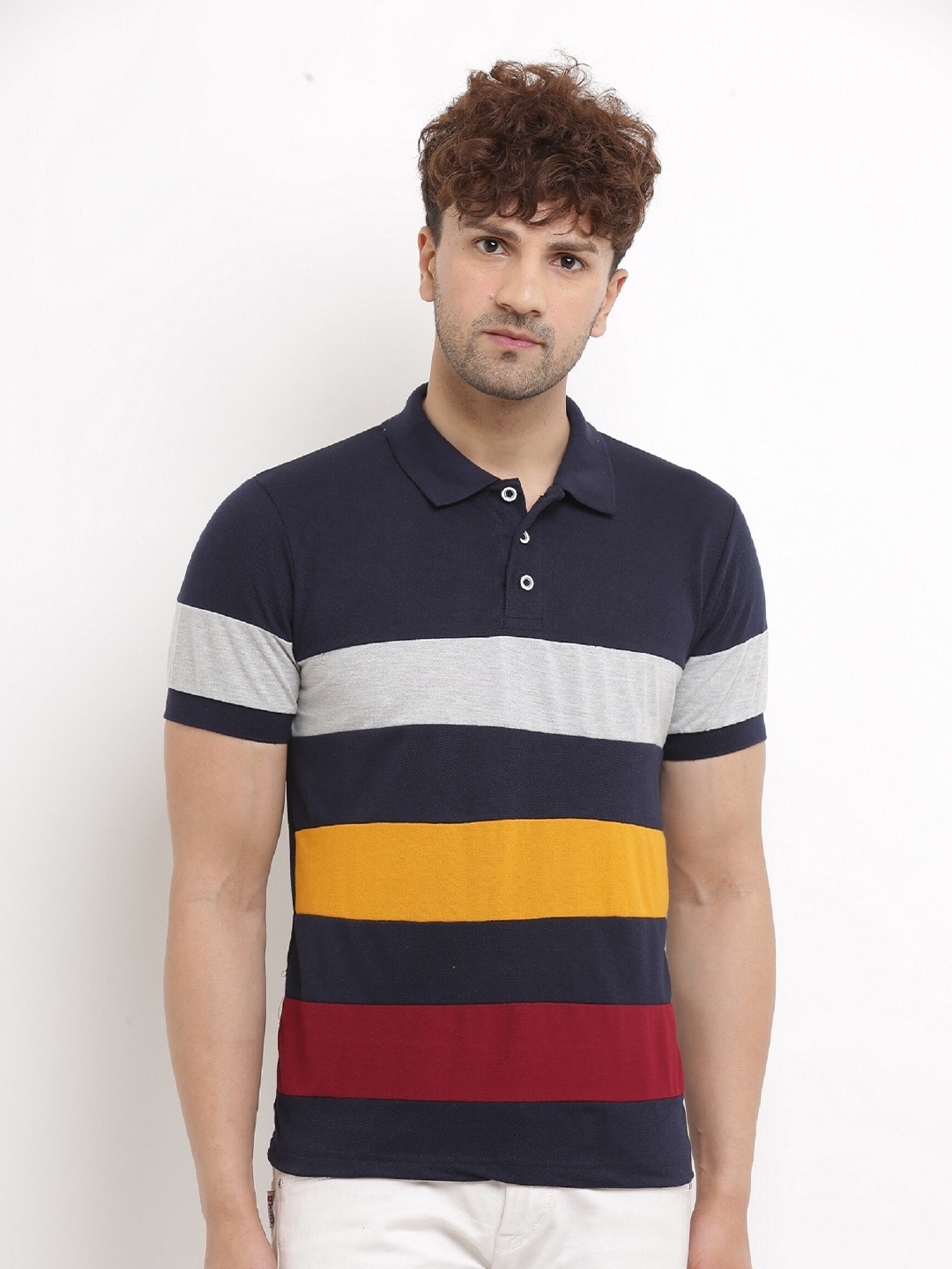 

Try This Polo Collar Striped Regular Fit Cotton T-shirt, Blue