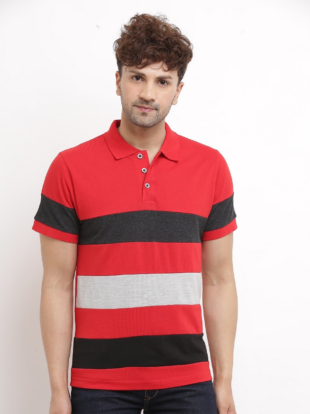 

Try This Striped Polo Collar Cotton T-shirt, Red