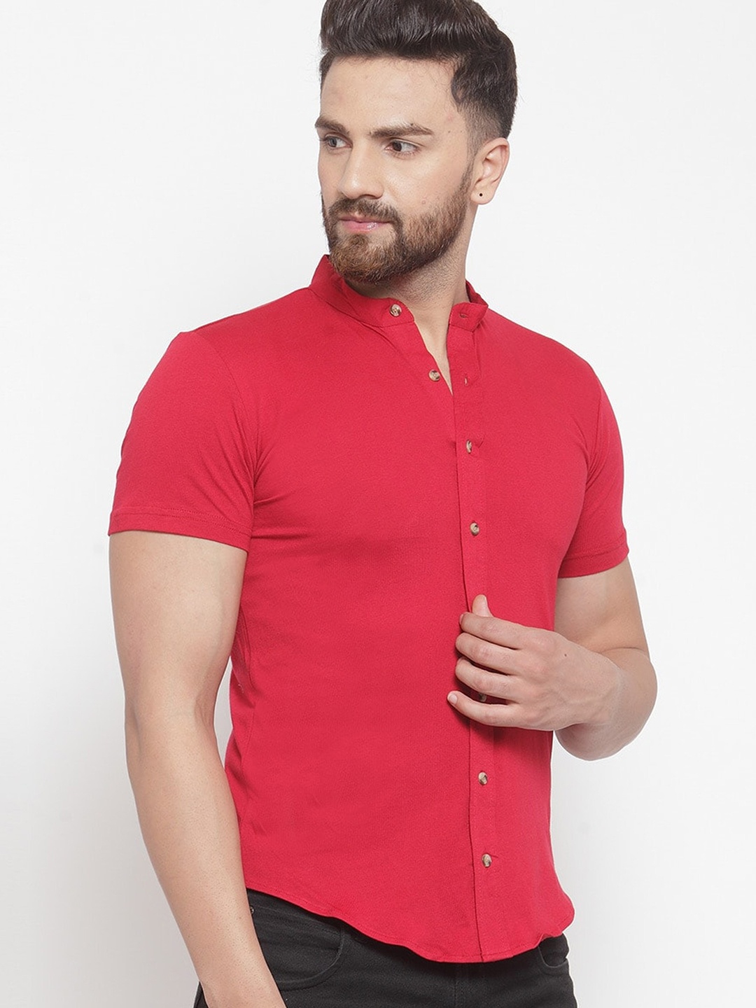 

Try This Mandarin Collar Regular Fit Cotton T-shirt, Red