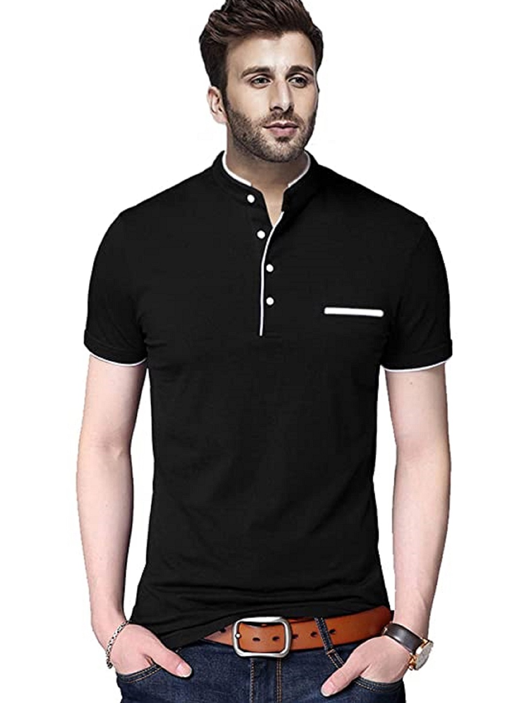 

Try This Mandarin Collar Cotton T-shirt, Black