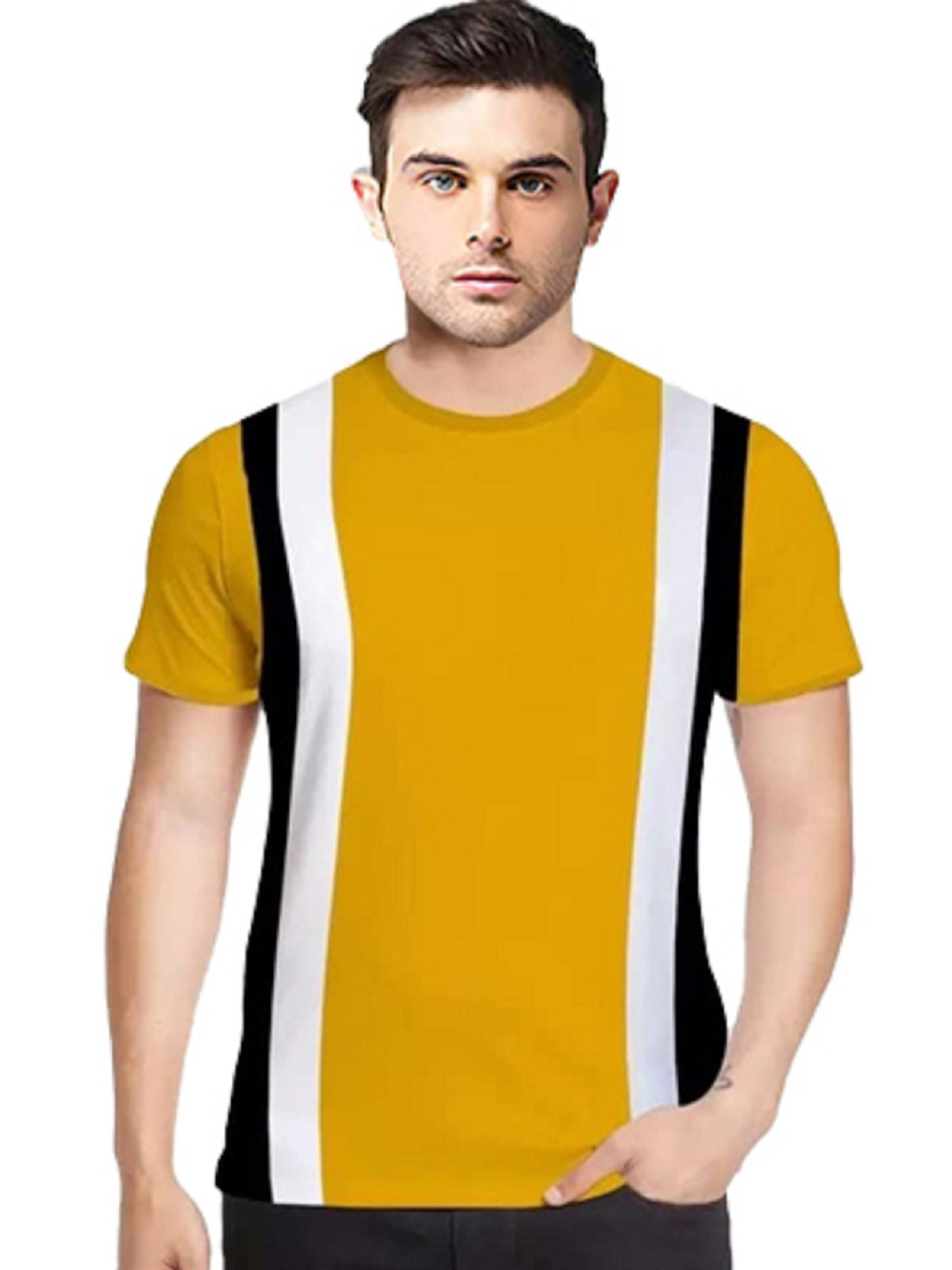 

Try This Striped Round Neck Cotton T-shirt, Mustard