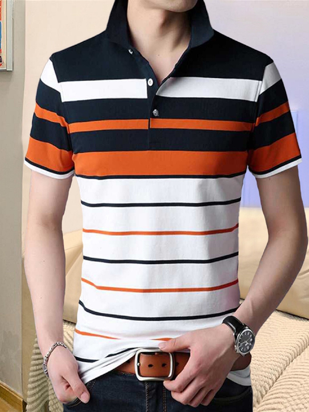 

Try This Striped Polo Collar Cotton T-shirt, White