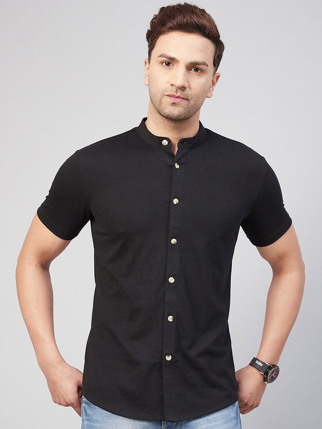 

Try This Mandarin Collar Regular Fit Cotton T-shirt, Black