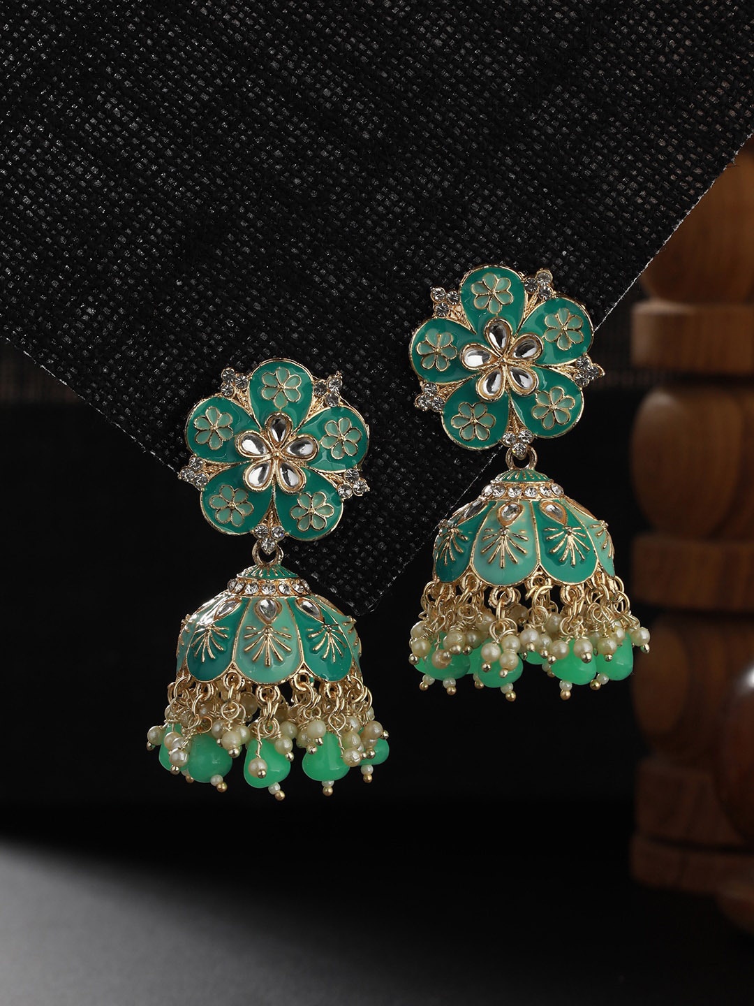 

Jazz and Sizzle Gold-Plated Stone Studded Dome Shaped Jhumkas
