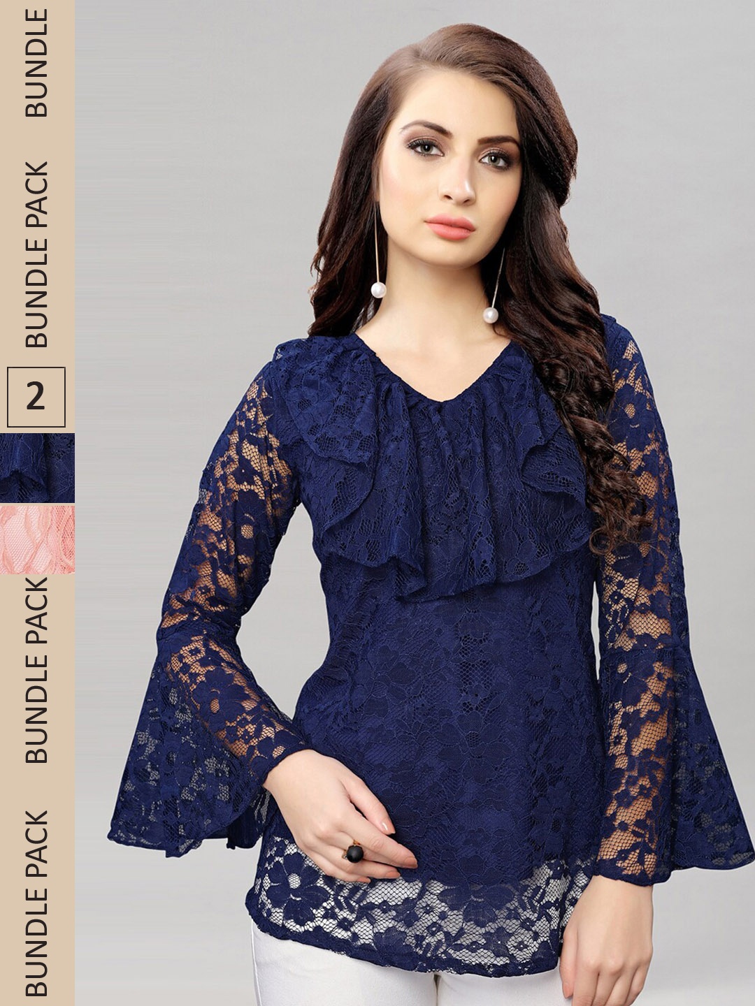

Selvia Pack of 2 Self Design Ruffle Net Tops, Navy blue