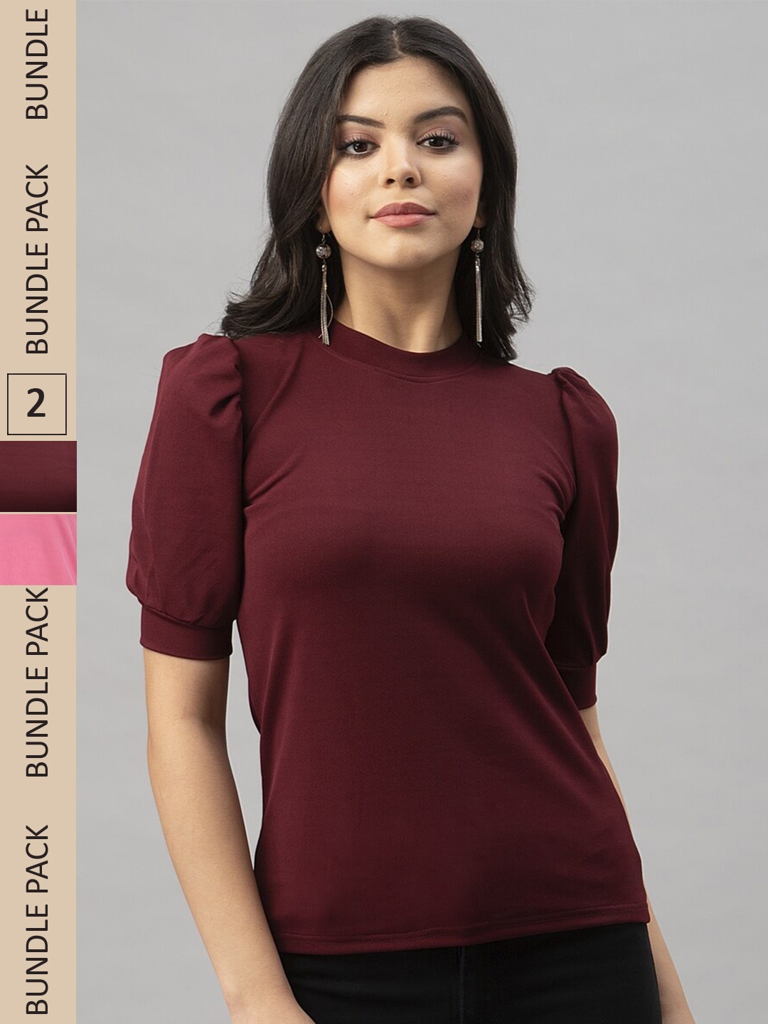 

Selvia Pack of 2 Puff Sleeves Tops, Maroon