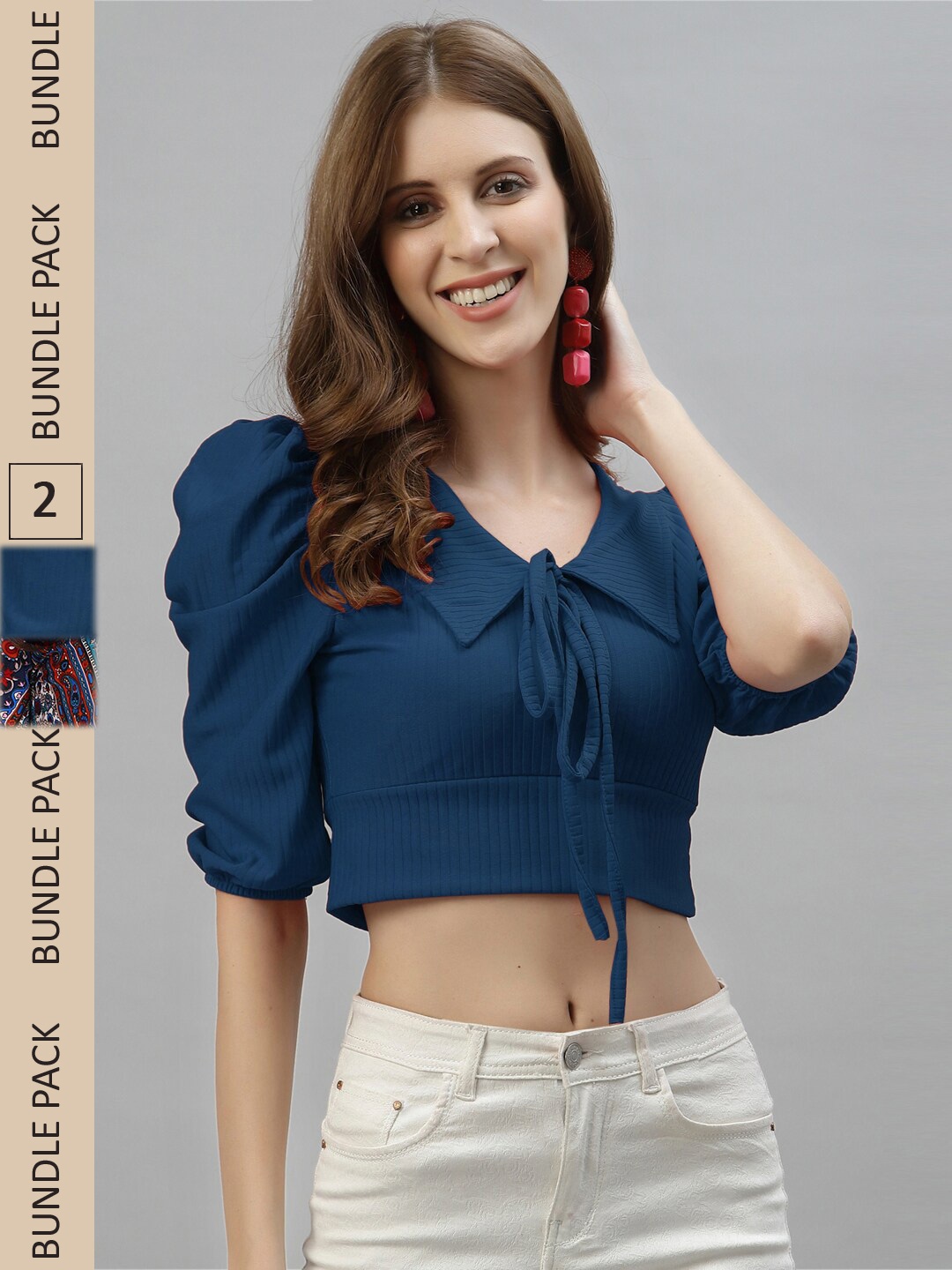 

Selvia Pack Of 2 Puff Sleeve Styled Back Crop Top, Blue