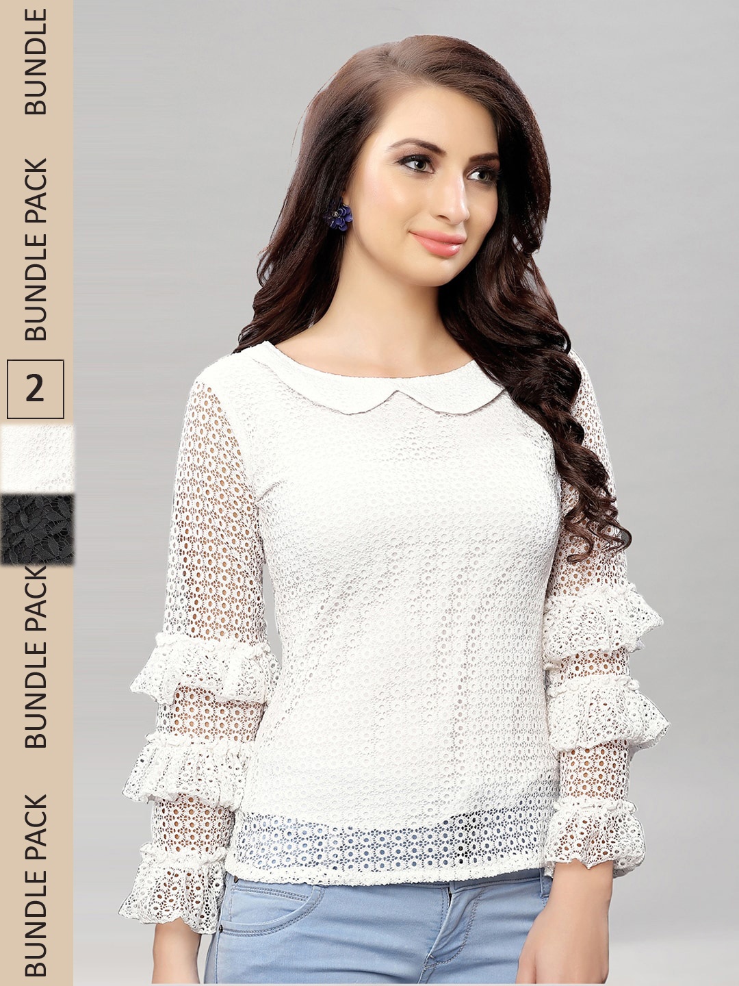 

Selvia Pack of 2 Self Design Ruffles Net Tops, White