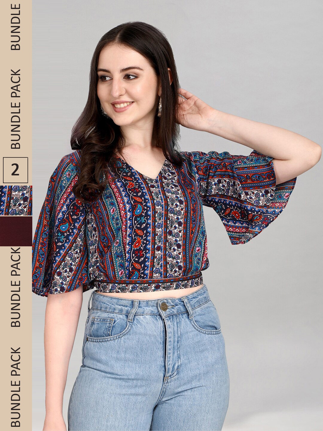 

Selvia Pack Of 2 Ethnic Motifs Printed Top, Blue