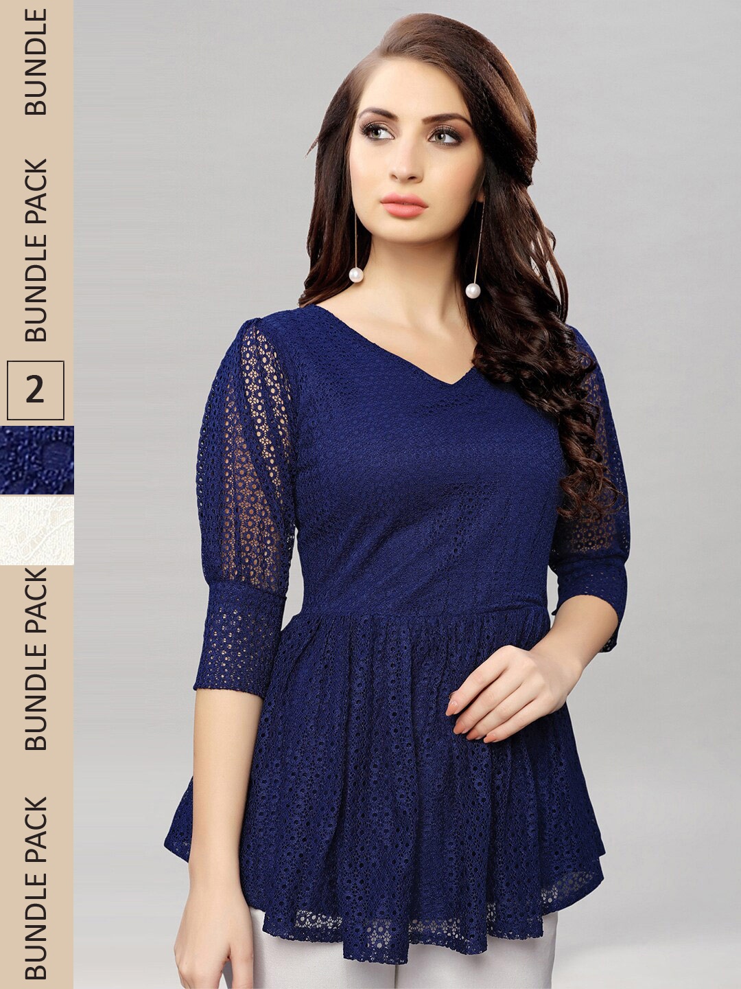 

Selvia Pack Of 2 Self Design Cuffed Sleeves Net Top, Navy blue