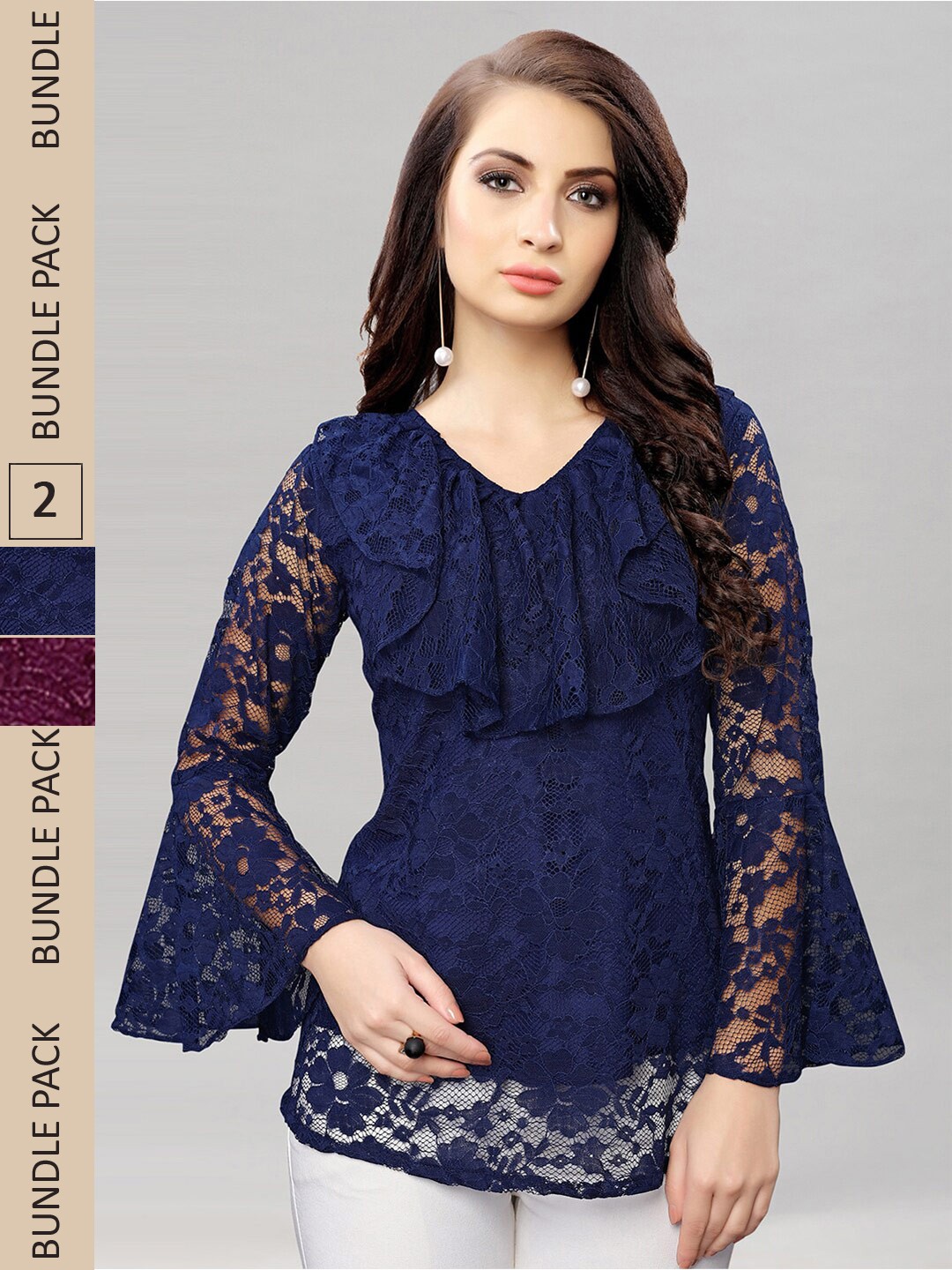 

Selvia Pack of 2 Self Design Ruffle Net Tops, Navy blue