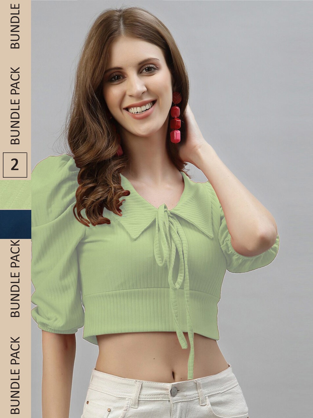 

Selvia Pack of 2 Tie-Up Neck Puff Sleeves Crop Tops, Green