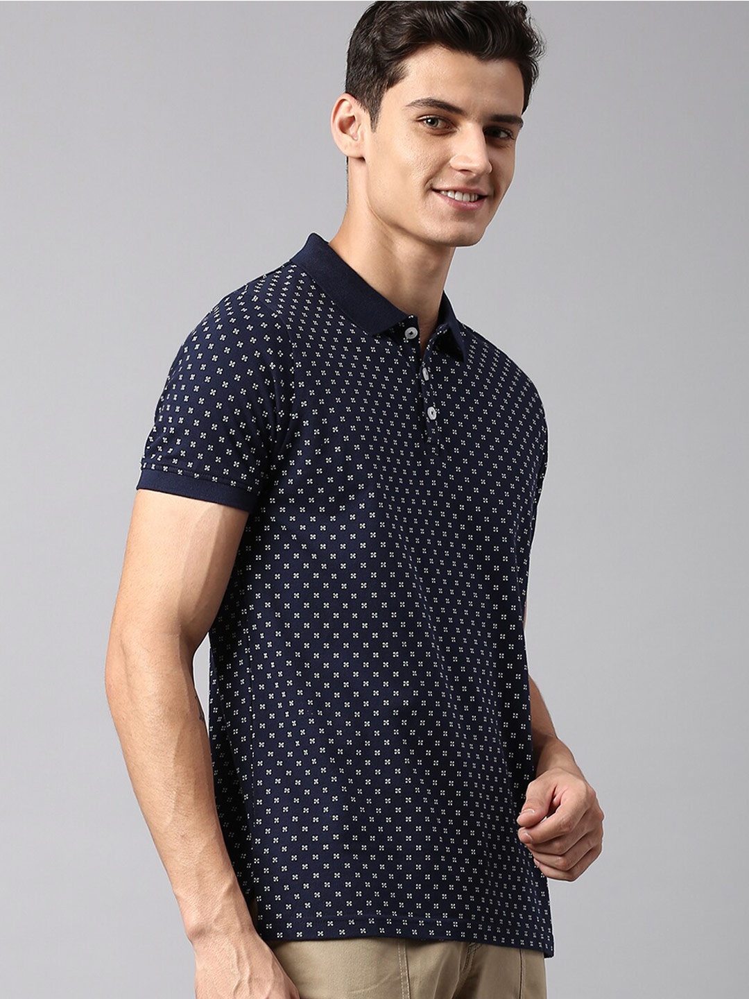 

Dennis Lingo Micro Ditsy Printed Polo Collar Pure Cotton T-shirt, Navy blue