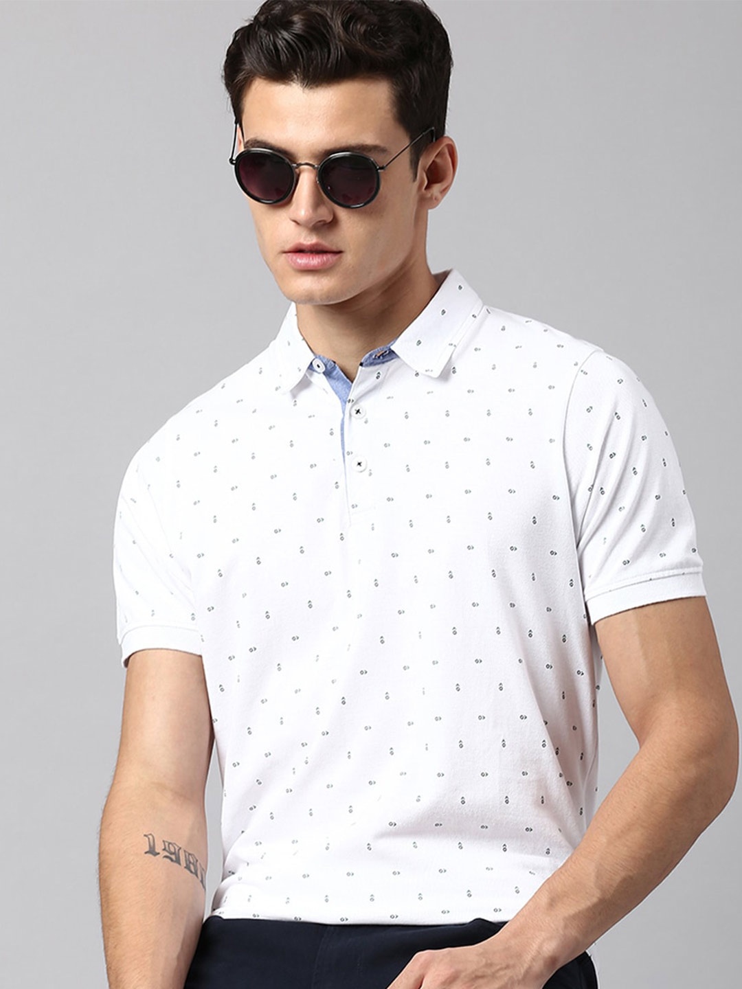 

Dennis Lingo Micro Ditsy Printed Polo Collar Pure Cotton T-shirt, White