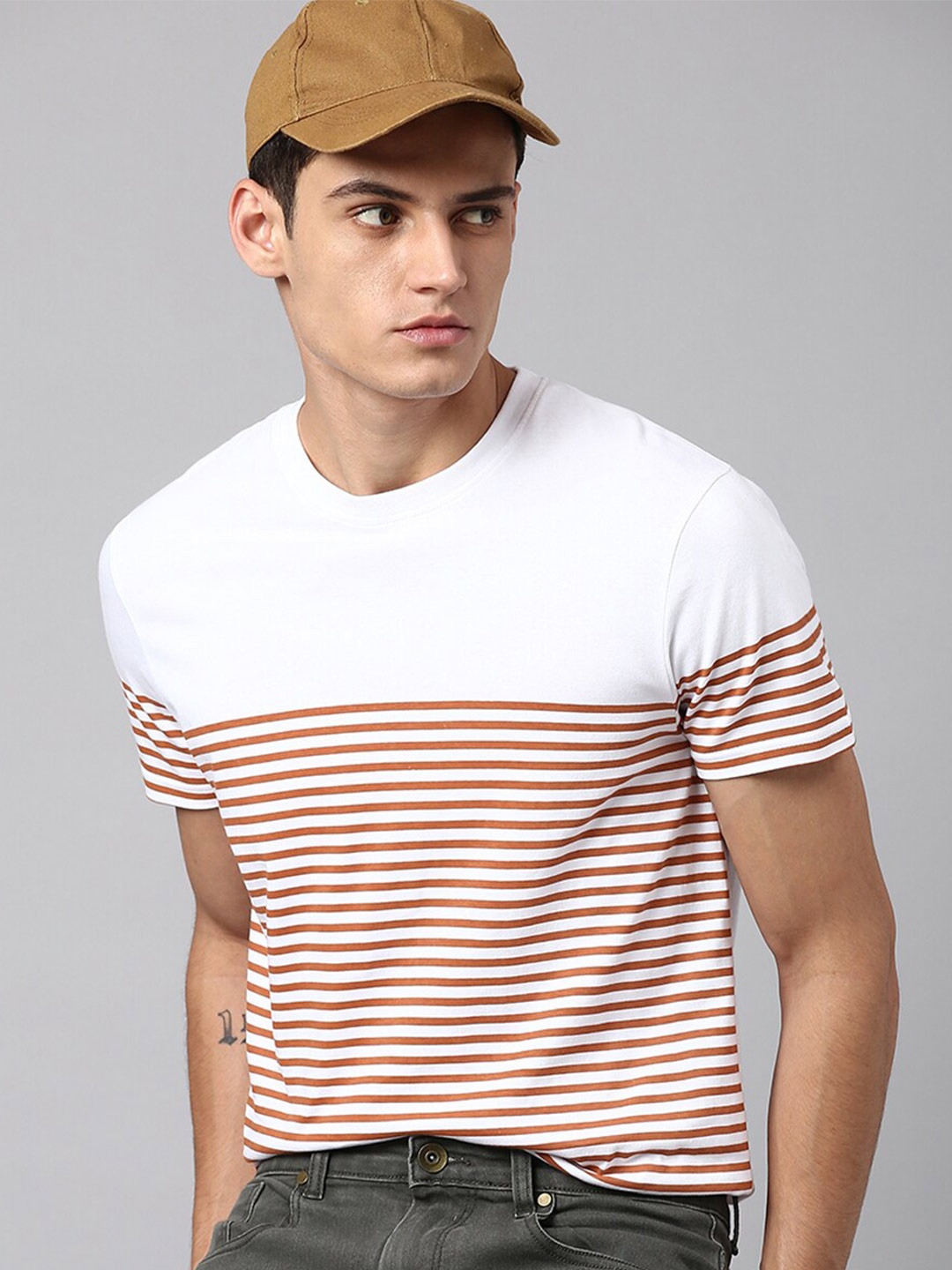 

Dennis Lingo Striped Round Neck Pure Cotton T-shirt, Rust